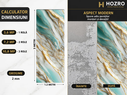 Tapet Autocolant Premium 3D HOZRO – Aspect de Marmură Verde/Gold, 3 x 1.2 m (3.6 mp)- 605-4 HOZRO