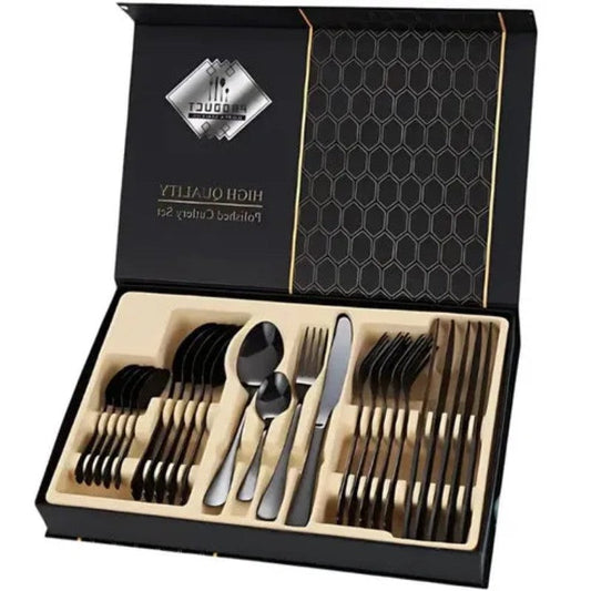 Set de Tacamuri 24 Piese – Oțel Inoxidabil, Design Modern, Negru BESTSELLS