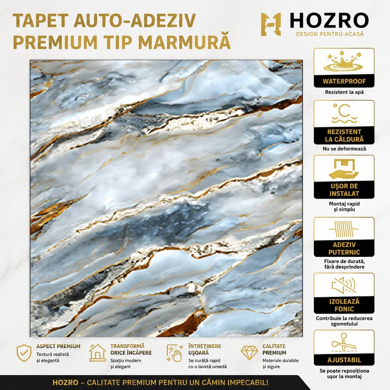 Rola Tapet Autocolant Premium 3D HOZRO – Aspect de Marmură Albastru inchis/Aramiu, 3 x 1.2 m (3.6 mp)- 605-7 HOZRO