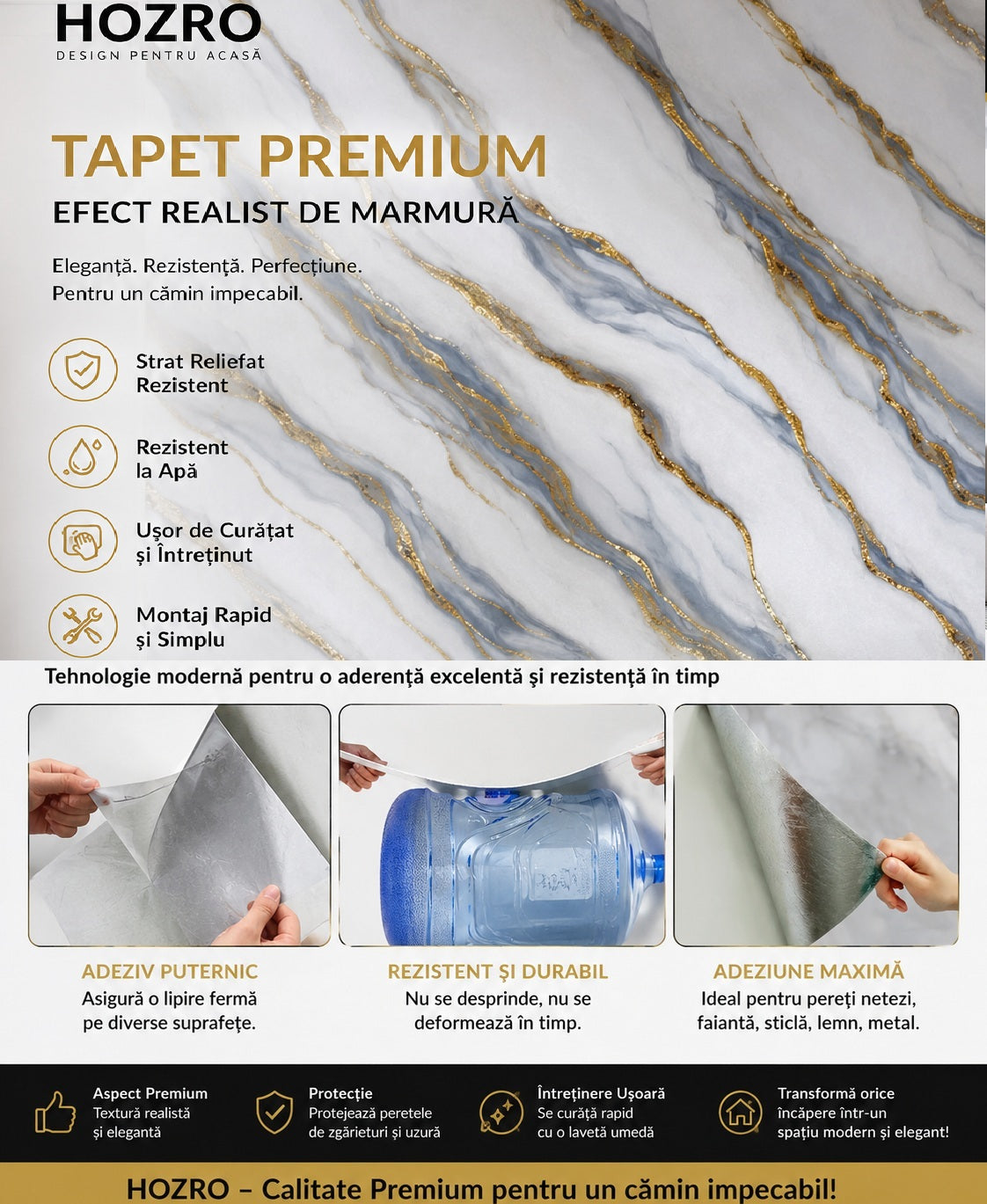 Rola Tapet Autocolant Premium 3D HOZRO – Aspect de Marmură Albastru Deschis/Gold, 3 x 1.2 m (3.6 mp)- 605-6 HOZRO