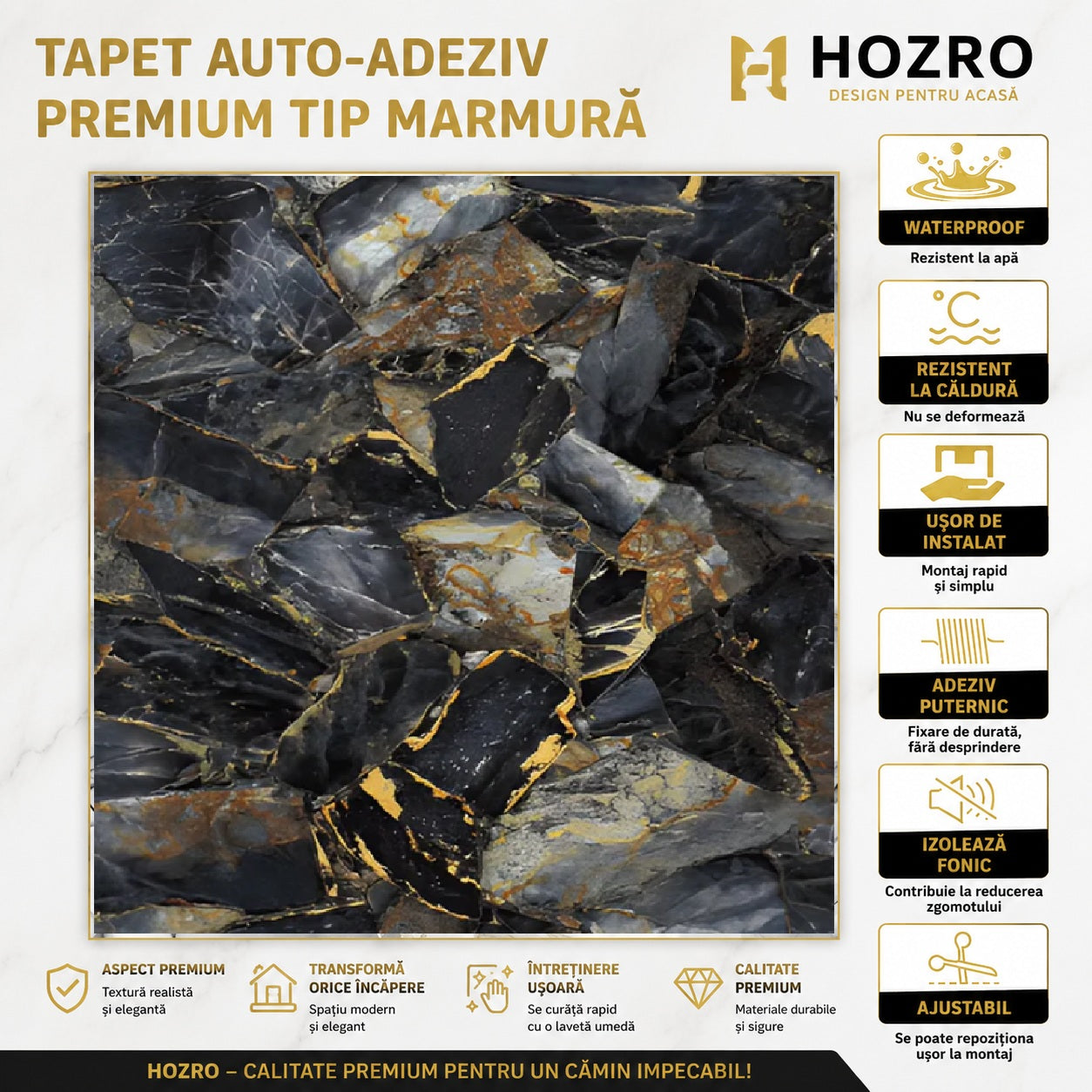 Tapet Autocolant Premium 3D HOZRO – Aspect de Marmură Neagra, 3 x 1.2 m (3.6 mp)- 605-3 HOZRO