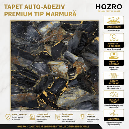 Rola Tapet Autocolant Premium 3D HOZRO – Aspect de Marmură Neagra, 3 x 1.2 m (3.6 mp)- 605-3 HOZRO