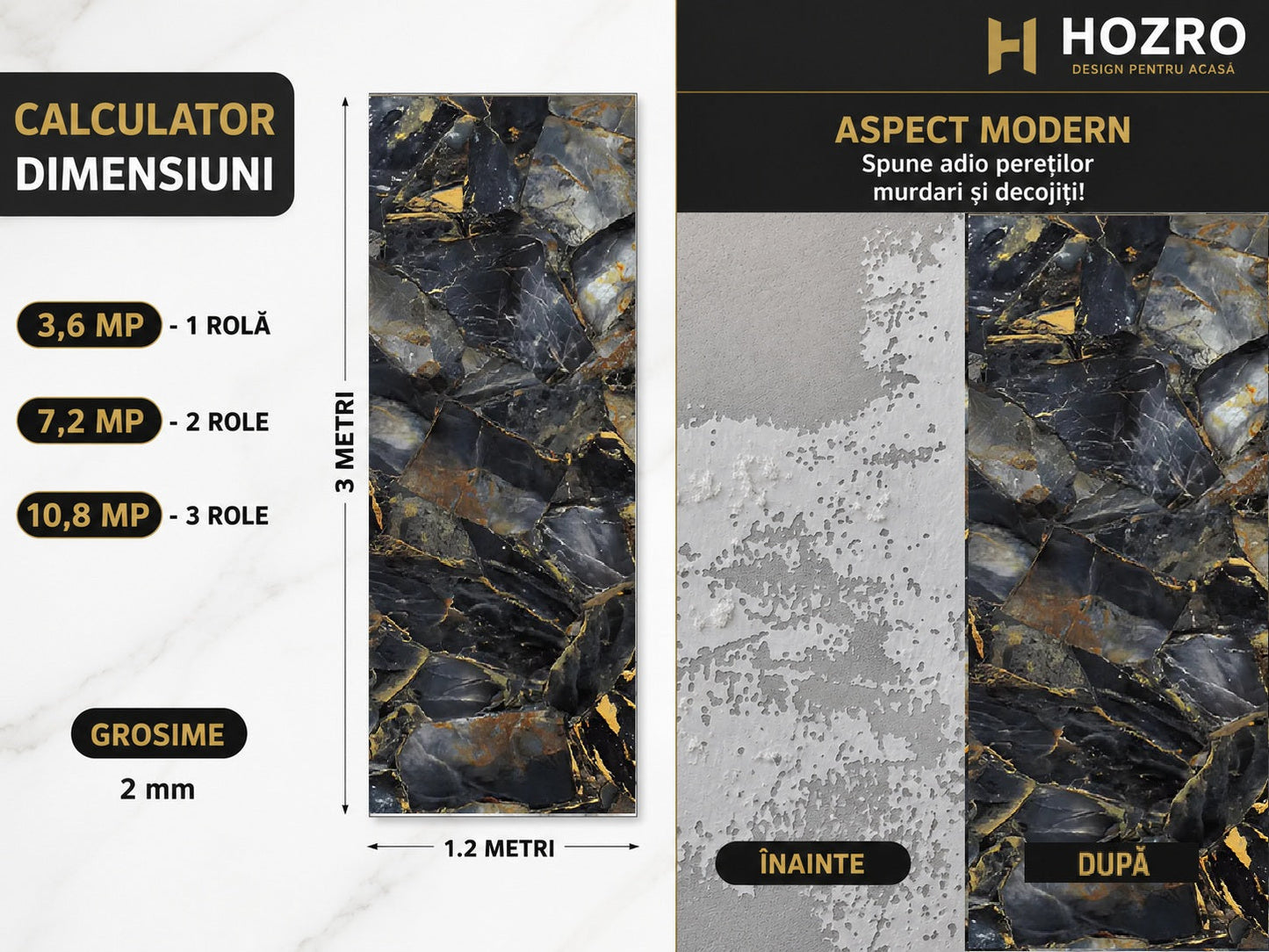 Tapet Autocolant Premium 3D HOZRO – Aspect de Marmură Neagra, 3 x 1.2 m (3.6 mp)- 605-3 HOZRO