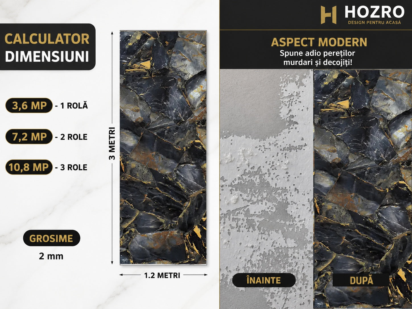 Tapet Autocolant Premium 3D HOZRO – Aspect de Marmură Neagra, 3 x 1.2 m (3.6 mp)- 605-3 HOZRO