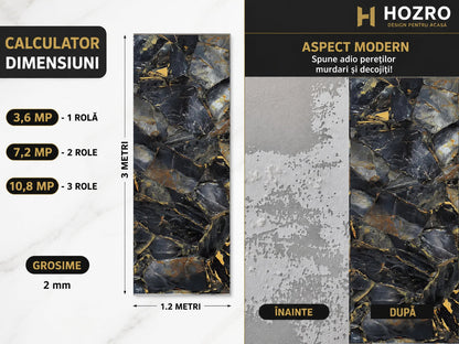 Tapet Autocolant Premium 3D HOZRO – Aspect de Marmură Neagra, 3 x 1.2 m (3.6 mp)- 605-3 HOZRO