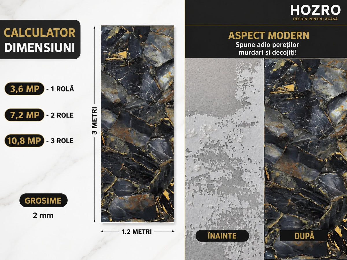 Rola Tapet Autocolant Premium 3D HOZRO – Aspect de Marmură Neagra, 3 x 1.2 m (3.6 mp)- 605-3 HOZRO