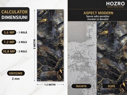 Rola Tapet Autocolant Premium 3D HOZRO – Aspect de Marmură Neagra, 3 x 1.2 m (3.6 mp)- 605-3 HOZRO