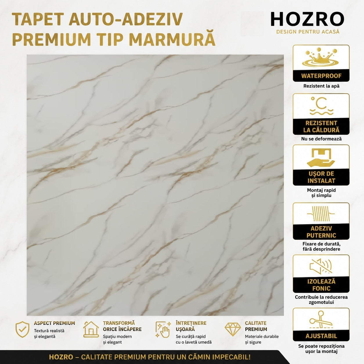 Rola Tapet Autocolant Premium 3D HOZRO – Aspect de Marmură Alb, 3 x 1.2 m (3.6 mp)- 605-1 HOZRO