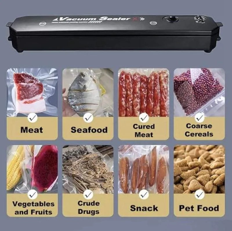 Aparat de vidat si sigilat HOZRO, cu vacuum, pentru carne, legume, fructe, include 10 pungi pentru vidat, negru