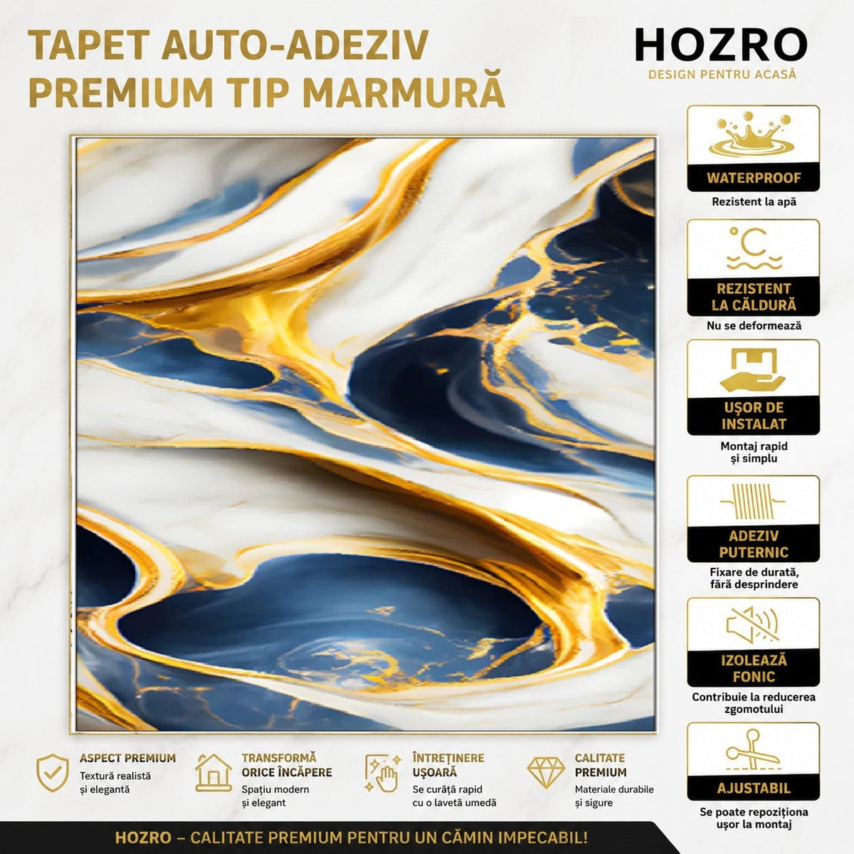 Rola Tapet Autocolant Premium 3D HOZRO – Aspect de Marmură Albastru/gold, 3 x 1.2 m (3.6 mp)- 605-5 HOZRO